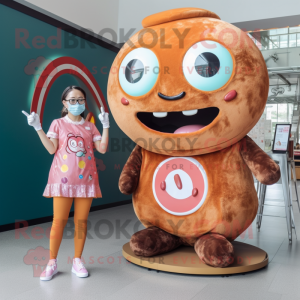 Rust Donut mascot costume character dressed with a Mini Dress and Digital watches