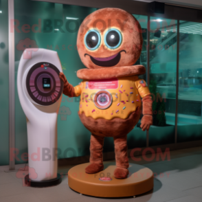 Rust Donut mascot costume character dressed with a Mini Dress and Digital watches