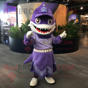 Purple Shark mascot costume character dressed with a Circle Skirt and Suspenders