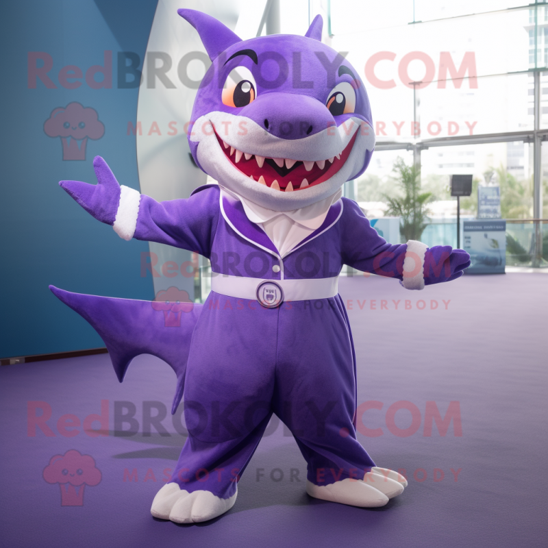 Purple Shark mascot costume character dressed with a Circle Skirt and Suspenders