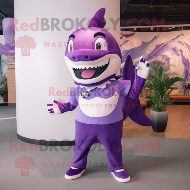 Purple Shark mascot costume character dressed with a Circle Skirt and Suspenders