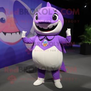 Purple Shark mascot costume character dressed with a Circle Skirt and Suspenders