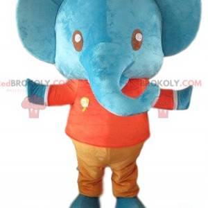 Mascot blauwe olifant, reusachtige en kleurrijke olifant -
