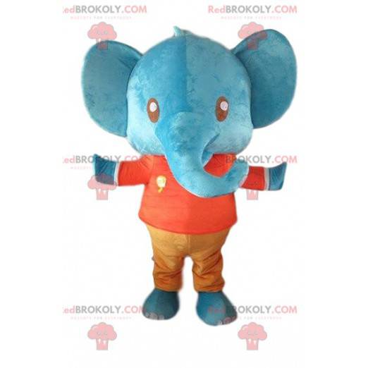 Mascot blauwe olifant, reusachtige en kleurrijke olifant -