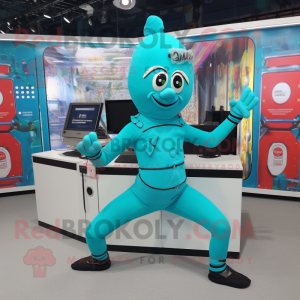 Turquoise Contortionist mascot costume character dressed with a Midi Dress and Briefcases