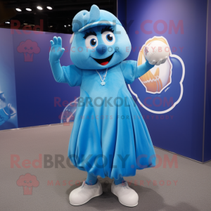 Blue Baseball Glove mascot costume character dressed with a Midi Dress and Earrings