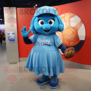 Blue Baseball Glove mascot costume character dressed with a Midi Dress and Earrings