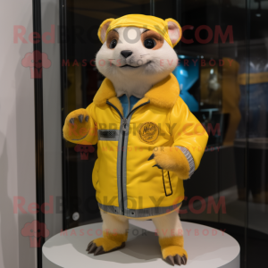 Yellow Ferret mascot costume character dressed with a Jacket and Brooches