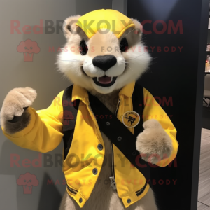 Yellow Ferret mascot costume character dressed with a Jacket and Brooches