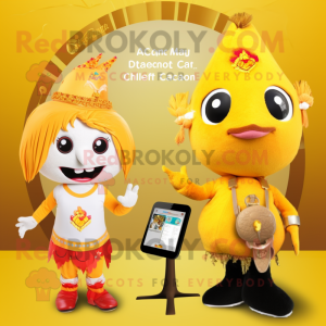 Gold Butter Chicken mascot costume character dressed with a Bikini and Keychains