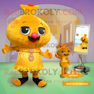 Gold Butter Chicken mascot costume character dressed with a Bikini and Keychains