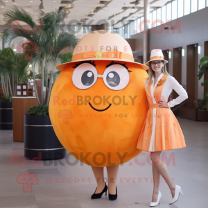 Orange Grapefruit mascot costume character dressed with a Cocktail Dress and Eyeglasses