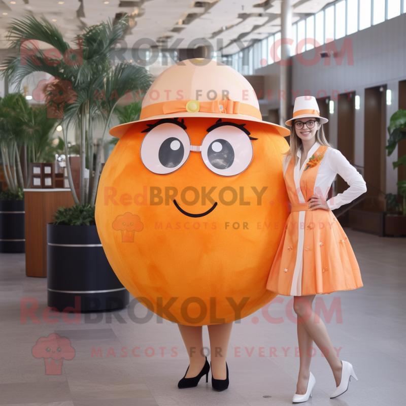 Orange Grapefruit mascot costume character dressed with a Cocktail Dress and Eyeglasses Orange Grapefruit mascot costume character dressed with a Cocktail Dress and Eyeglasses