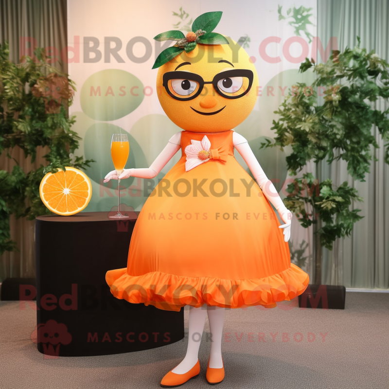 Orange Grapefruit mascot costume character dressed with a Cocktail Dress and Eyeglasses