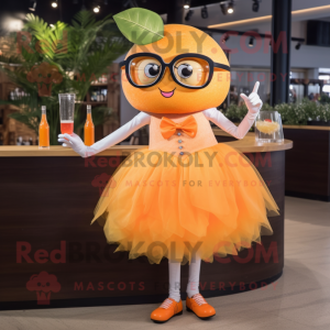 Orange Grapefruit mascot costume character dressed with a Cocktail Dress and Eyeglasses