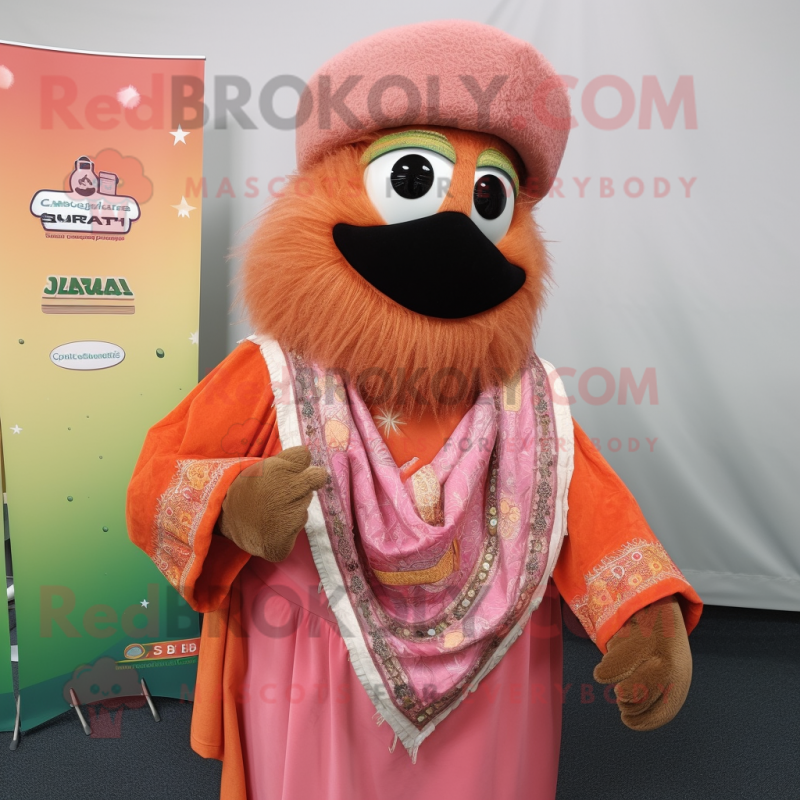 Peach Jambalaya mascot costume character dressed with a Waistcoat and Shawl pins Peach Jambalaya mascot costume character dressed with a Waistcoat and Shawl pins