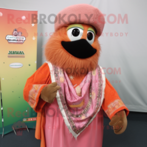 Peach Jambalaya mascot costume character dressed with a Waistcoat and Shawl pins