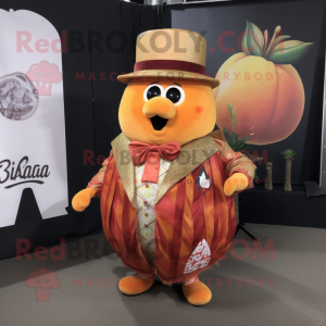 Peach Jambalaya mascot costume character dressed with a Waistcoat and Shawl pins