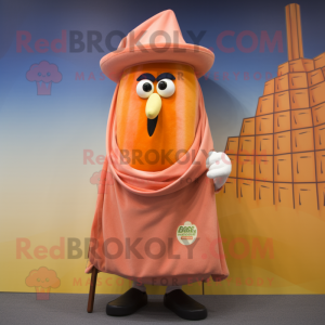 Peach Jambalaya mascot costume character dressed with a Waistcoat and Shawl pins