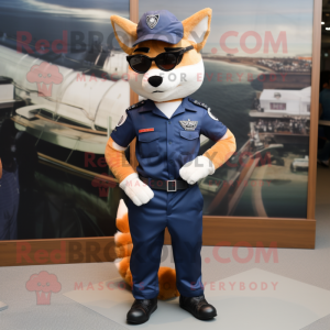 Navy Fox mascot costume character dressed with a Cargo Pants and Sunglasses