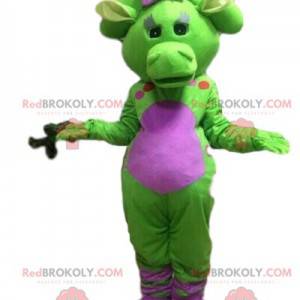 Green and pink dragon mascot, colorful dragon costume -