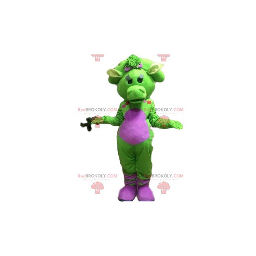 Mascota del dragón verde y rosa, traje de dragón colorido -