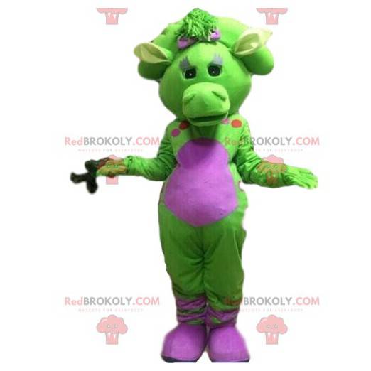Green and pink dragon mascot, colorful dragon costume -