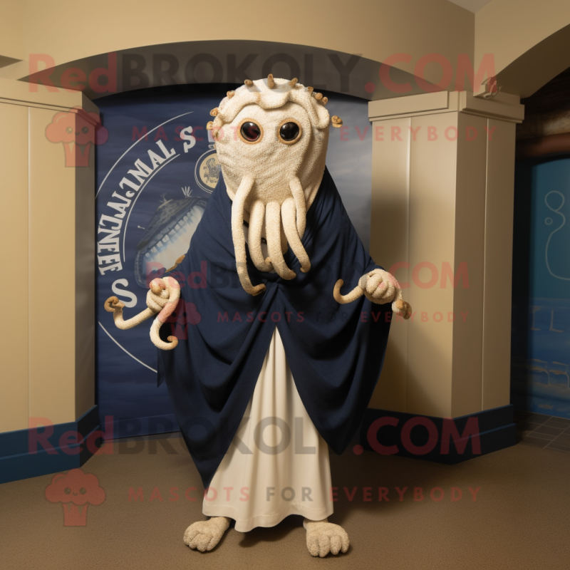 Navy Medusa mascot costume character dressed with a Henley Shirt and Shawls