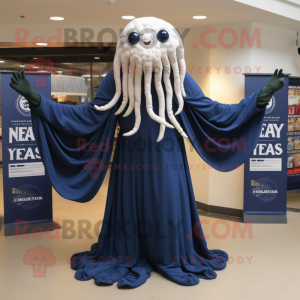 Navy Medusa mascot costume character dressed with a Henley Shirt and Shawls
