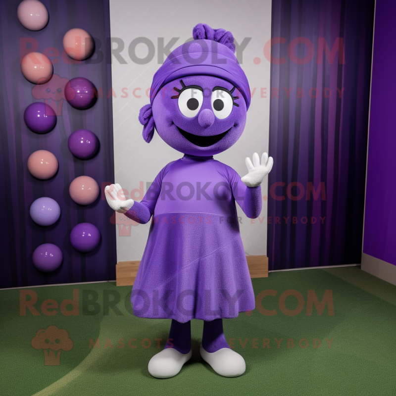 Purple Golf Ball mascot costume character dressed with a Wrap Dress and Headbands