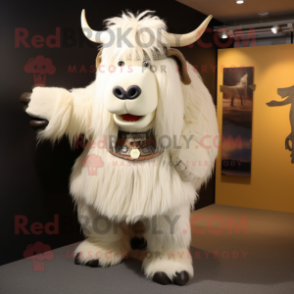 Cream Yak mascot costume character dressed with a Polo Tee and Shoe clips