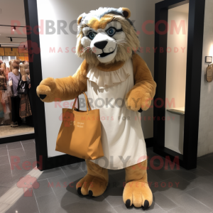 nan Saber-Toothed Tiger mascot costume character dressed with a Empire Waist Dress and Tote bags