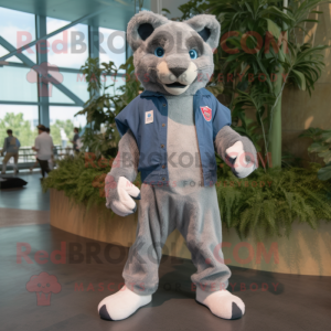 Gray Puma mascot costume character dressed with a Denim Shorts and Shoe clips