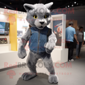 Gray Puma mascot costume character dressed with a Denim Shorts and Shoe clips