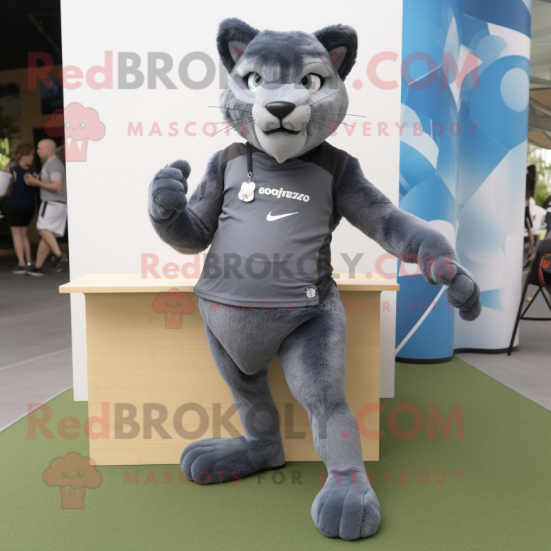 Gray Puma mascot costume character dressed with a Denim Shorts and Shoe clips