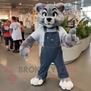 Gray Puma mascot costume character dressed with a Denim Shorts and Shoe clips