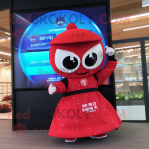 Red Sushi mascot costume character dressed with a Mini Skirt and Digital watches