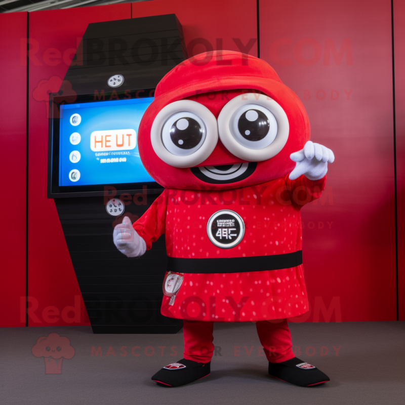 Red Sushi mascot costume character dressed with a Mini Skirt and Digital watches Red Sushi mascot costume character dressed with a Mini Skirt and Digital watches