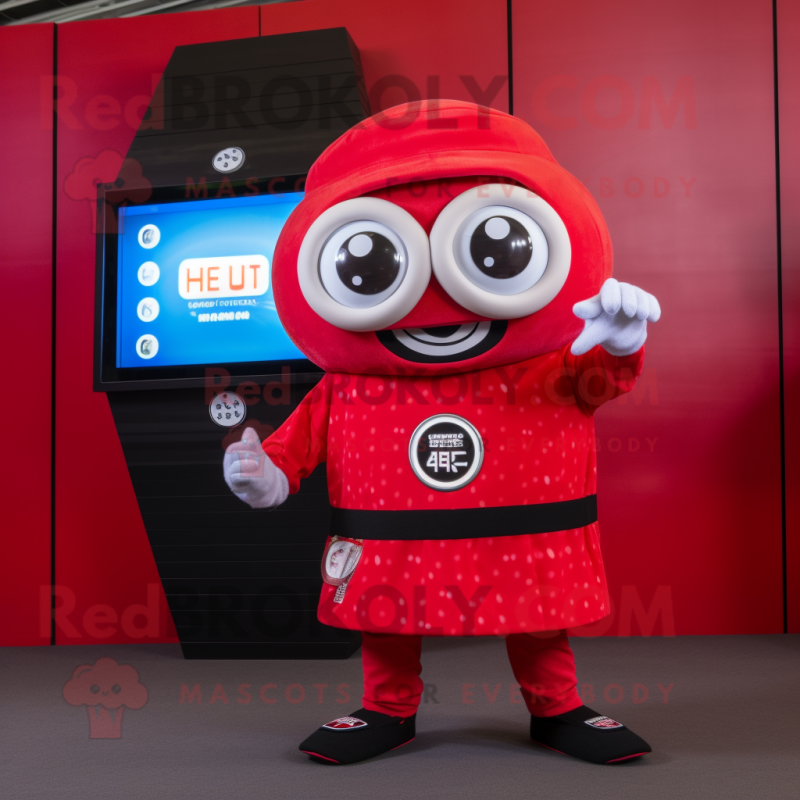 Red Sushi mascot costume character dressed with a Mini Skirt and Digital watches