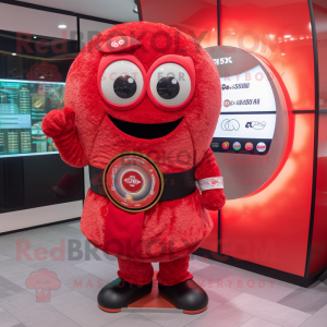 Red Sushi mascot costume character dressed with a Mini Skirt and Digital watches