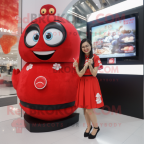 Red Sushi mascot costume character dressed with a Mini Skirt and Digital watches