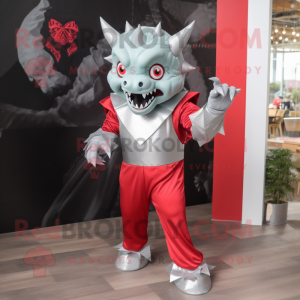Silver Devil mascot costume character dressed with a Romper and Pocket squares