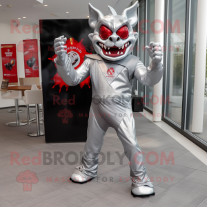 Silver Devil mascot costume character dressed with a Romper and Pocket squares