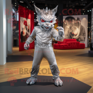 Silver Devil mascot costume character dressed with a Romper and Pocket squares