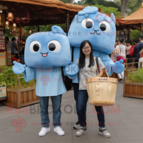 Sky Blue Dim Sum mascot costume character dressed with a Boyfriend Jeans and Tote bags