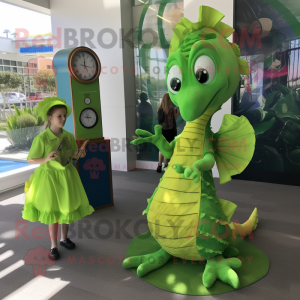 Lime Green Seahorse mascot costume character dressed with a Wrap Skirt and Watches