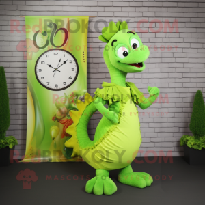 Lime Green Seahorse mascot costume character dressed with a Wrap Skirt and Watches