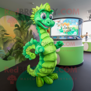 Lime Green Seahorse mascot costume character dressed with a Wrap Skirt and Watches