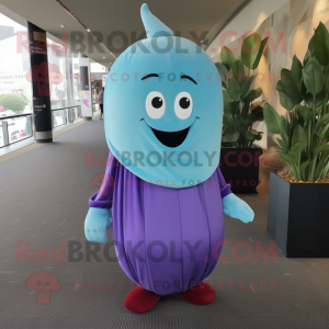Sky Blue Eggplant mascot costume character dressed with a Dress Pants and Beanies
