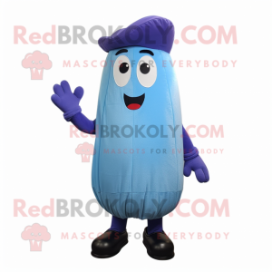 Sky Blue Eggplant mascot costume character dressed with a Dress Pants and Beanies